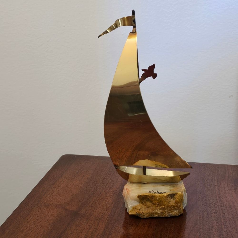 Vintage Sailboat, Brass, Signed Demott Sculture Art